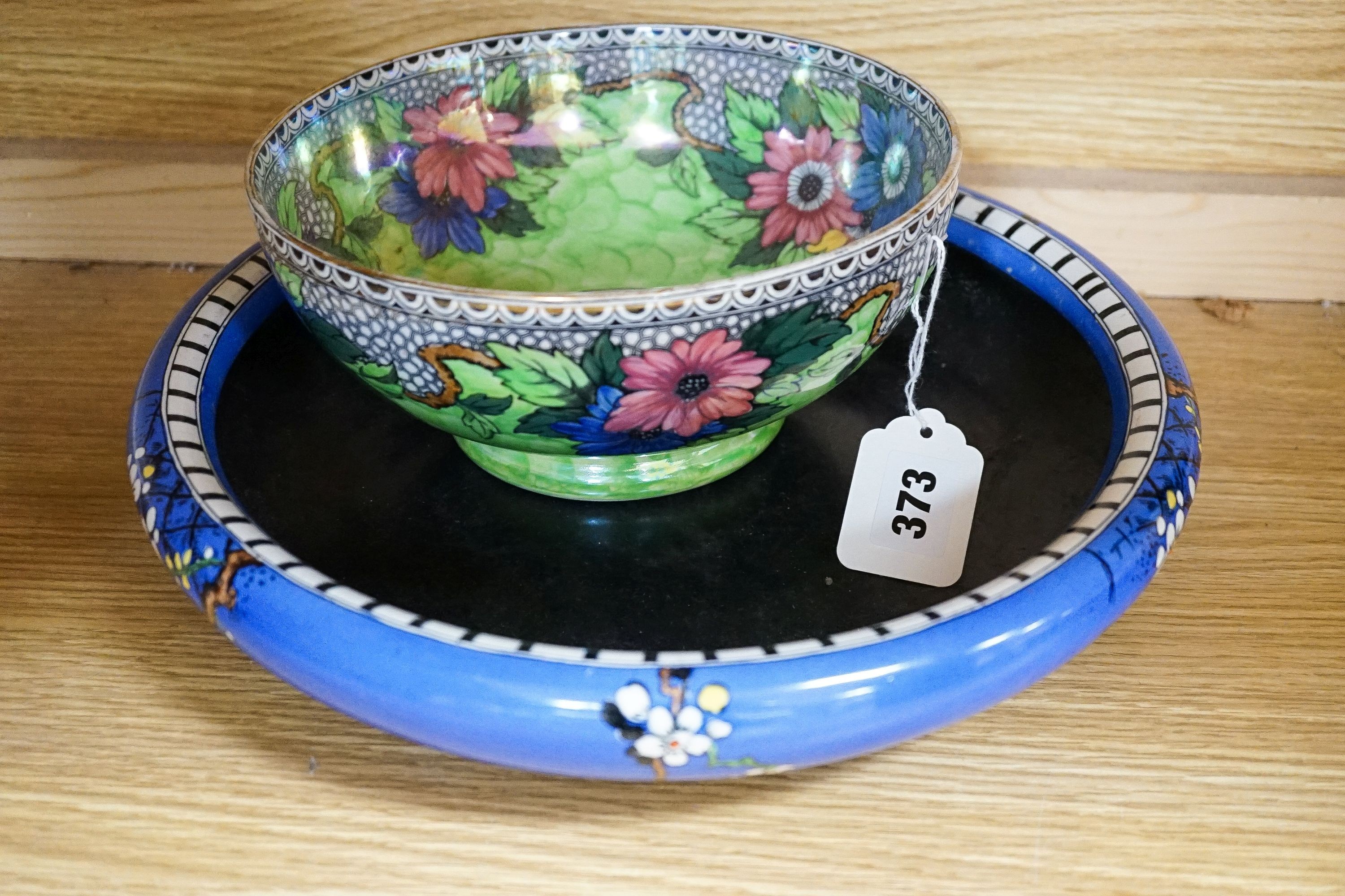 A Maling lustre bowl, Carltonware Deco-shape bowl, a studio coloured glass dish (3) 48cm